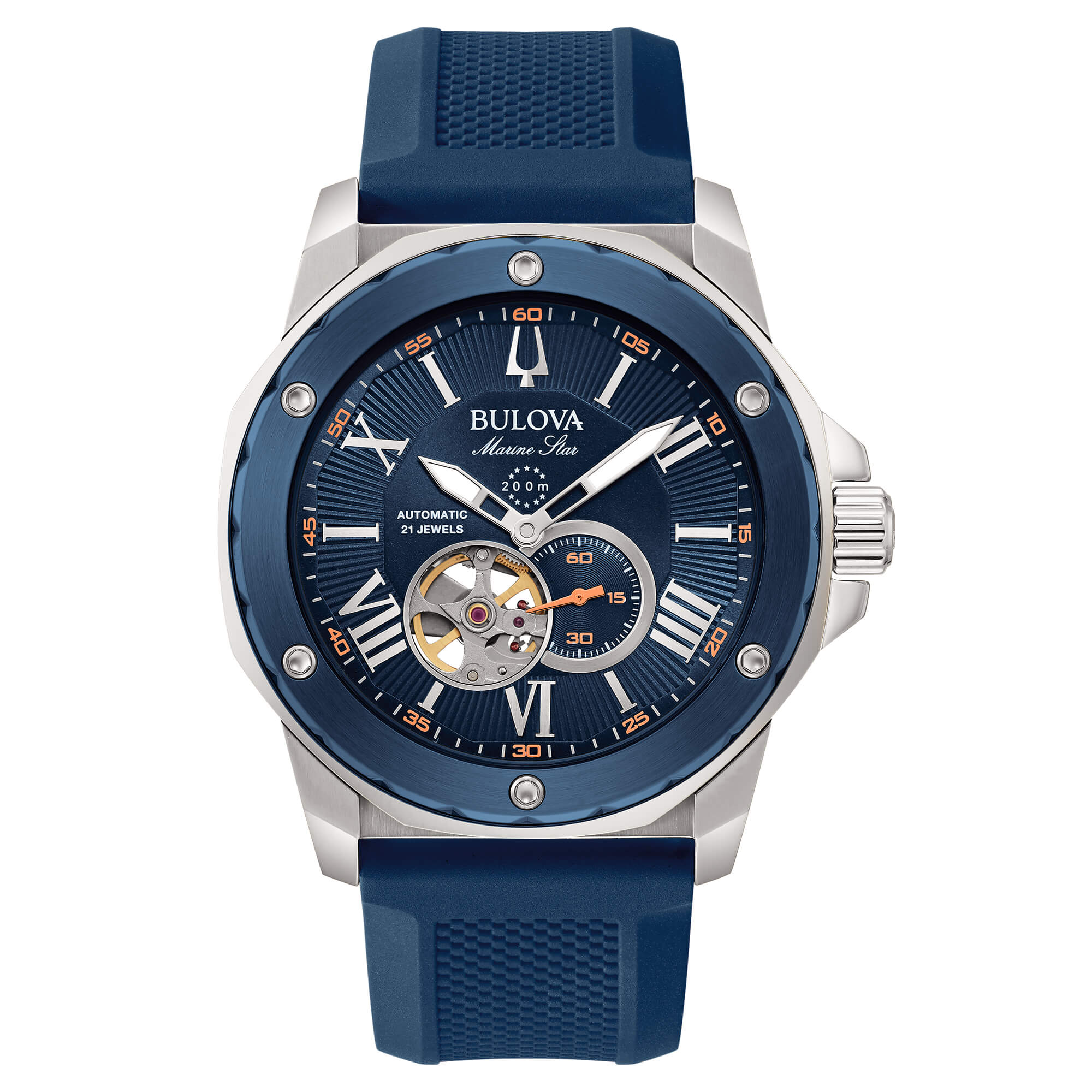 Orologio Uomo Bulova Automatico Marine Star Acciaio Satinato Lucido Gomma Blu 98A303
