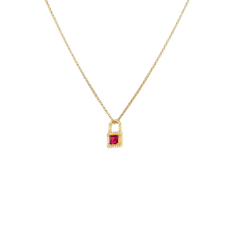 Collana Donna Re Mida Argento 925 Dorato Lucchetto Con Zirconi Bianchi E Pietra Rubino C037