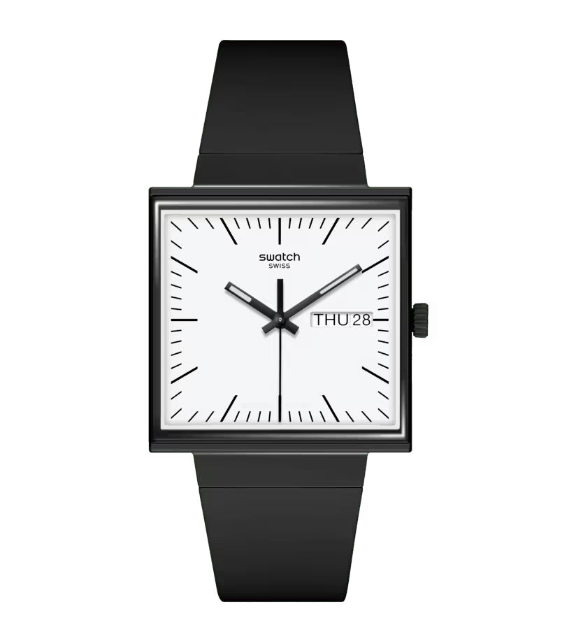 Orologio Unisex Swatch What IF Cassa Quadrata Nero Quarzo Doppia Data SO34B700