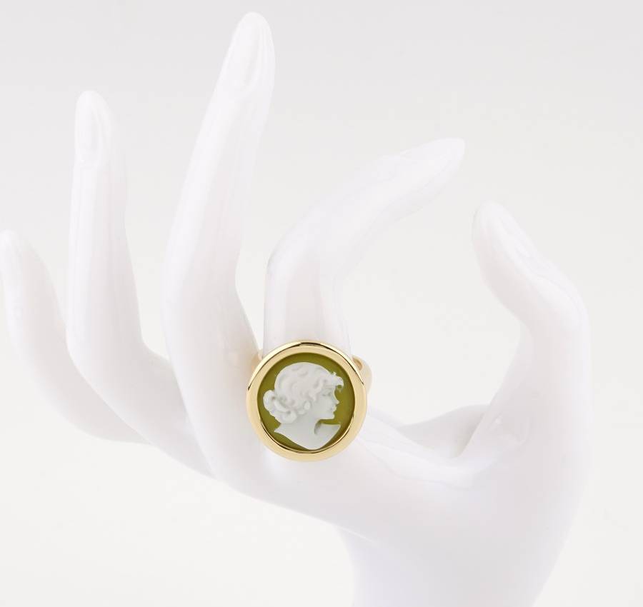 Anello Donna Cameo Italiano Argento Dorato 925 Verde Testa Donna A21PM-G