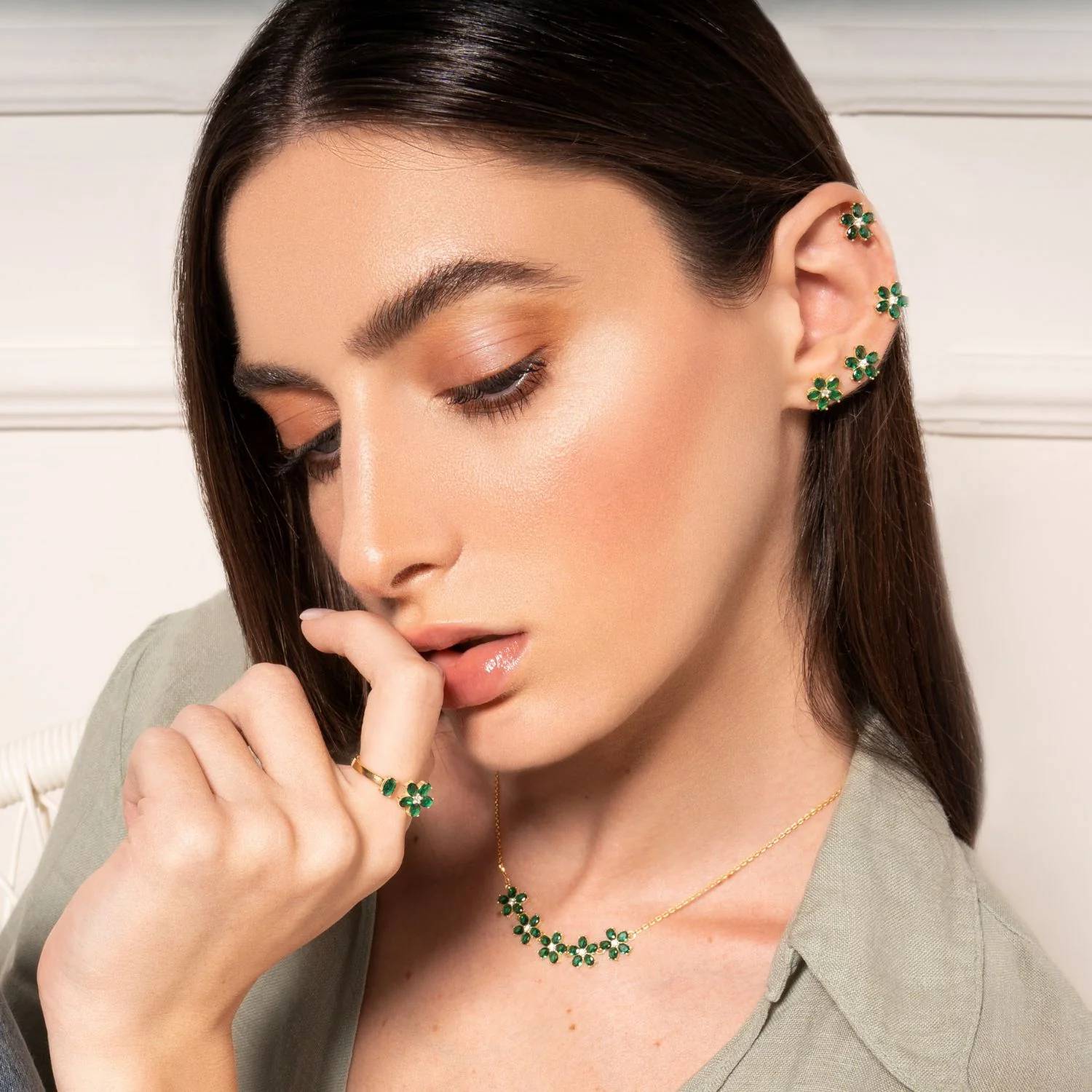 Orecchini Donna Laura P. Argento Dorato 925 Fiore Zirconi Bianchi Verde OR0214GV