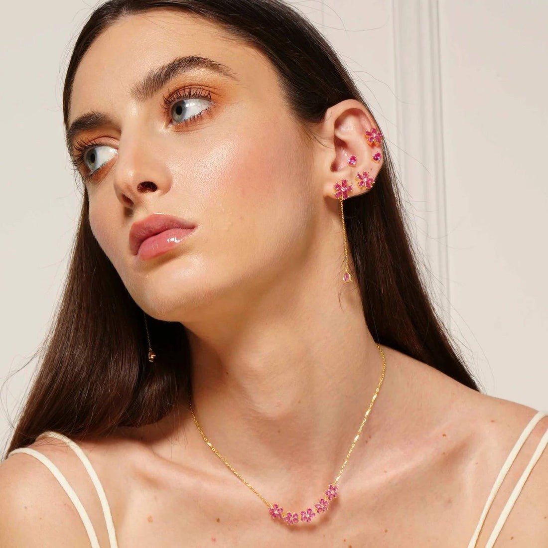 Collana Donna Laura P. Argento Dorato 925 Fiori Zirconi Fuxia Bianchi CL0111GF
