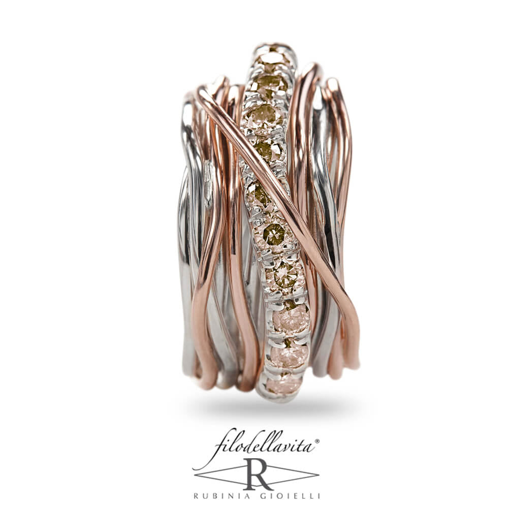 Anello Donna Filo Della Vita Carato 13 Fili Oro Rosa e arg. 925 13 Diamanti Brown 1 ct. Misura 18 AN001ARBR