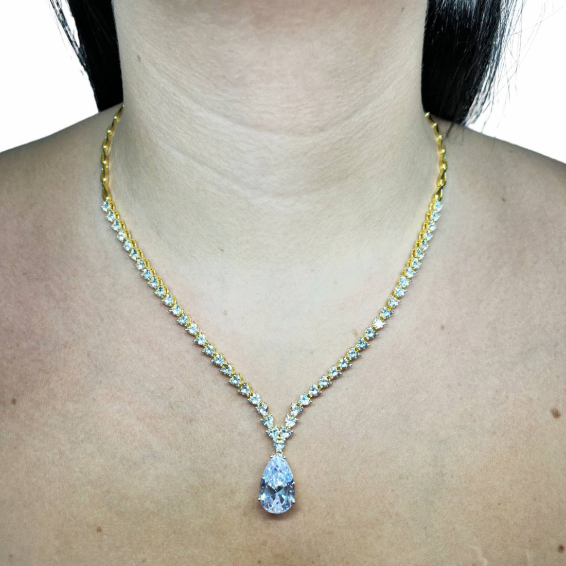 Collana Donna Re Mida Tennis Argento Dorato Zirconi Bianchi Cuore Goccia Pendente