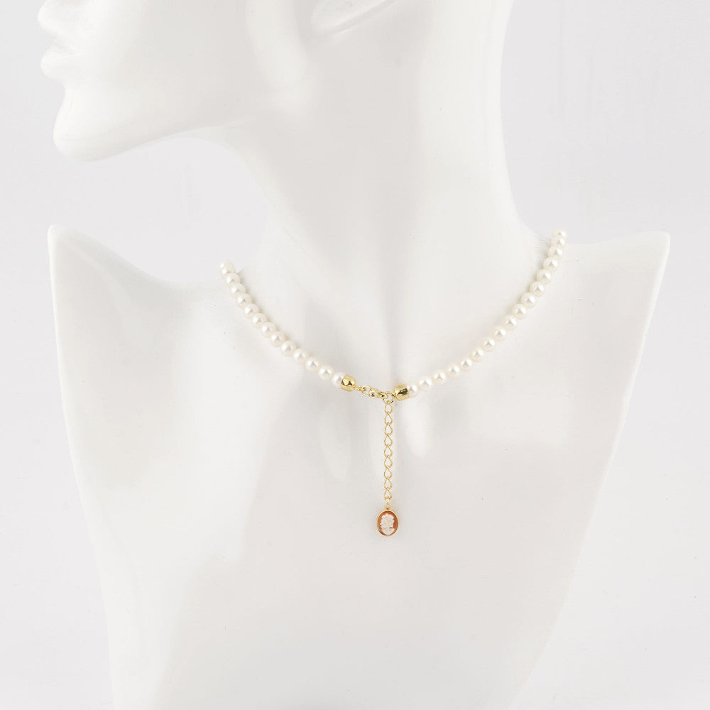 Collana Donna Cameo Italiano Argento Dorato 925 Girocollo Perle Bianche CP4555-G