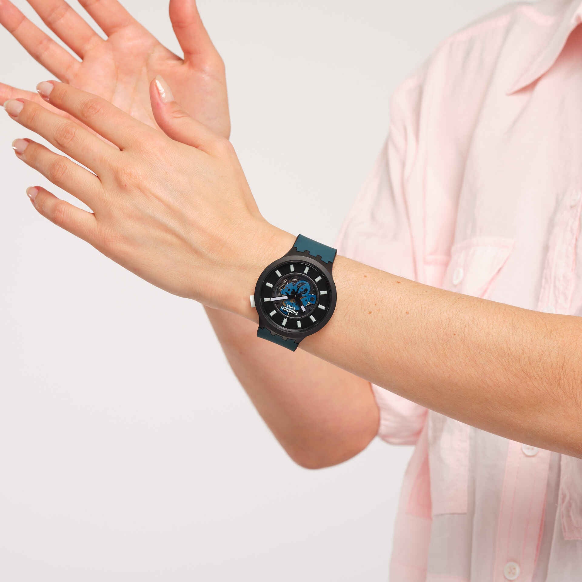 Orologio Uomo Swatch Bioceramica Quarzo Solo Tempo Petrolio Scheletrato SB03B107