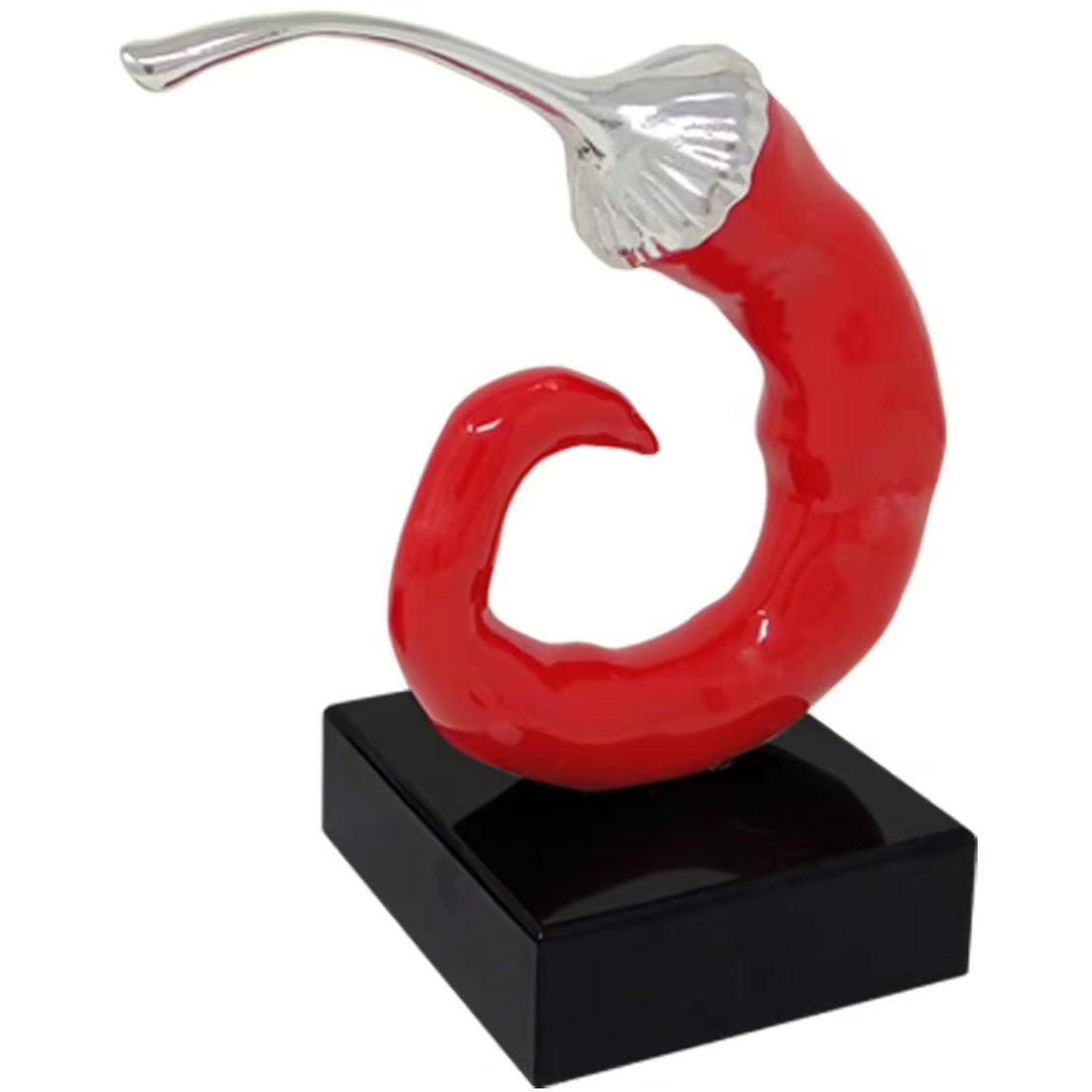 Scultura Peperoncino Rosso Argento 18X21 cm Base Nera PP0337/2