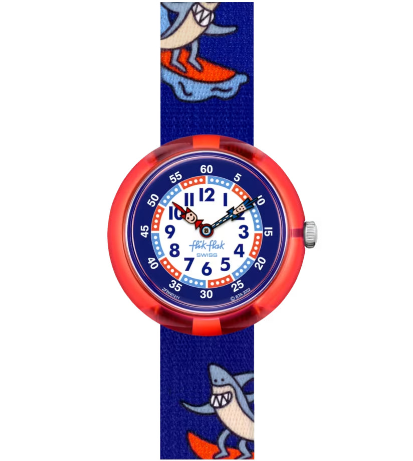 Orologio Bambino Swatch Flik Flak Yeeew Squalo Quarzo Solo Tempo Blu Rosso ZFBNP211