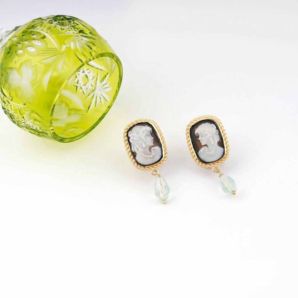 Orecchini Donna Cameo Italiano Argento Dorato 925 Giada Verde O501S-G