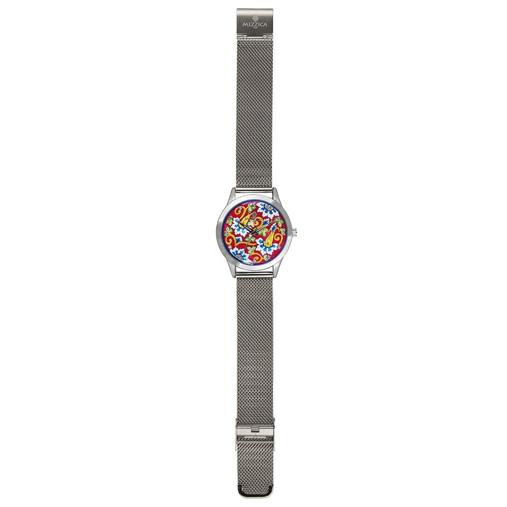 Orologio Donna Mizzica Fiori Quarzo Solo Tempo Cinturino Maglia Milano Argento