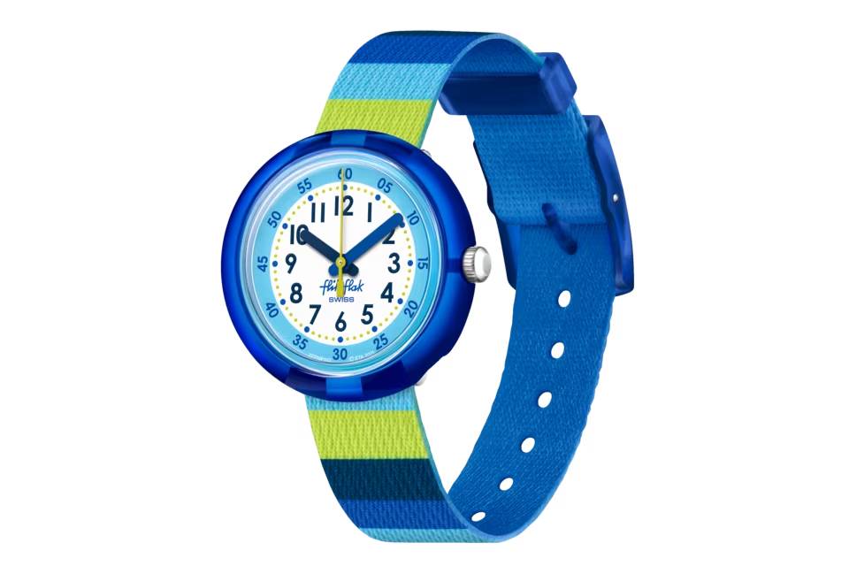 Orologio Bambino Swatch Flik Flak Stripy Blue Quarzo Solo Tempo Blu Verde ZFPNP112