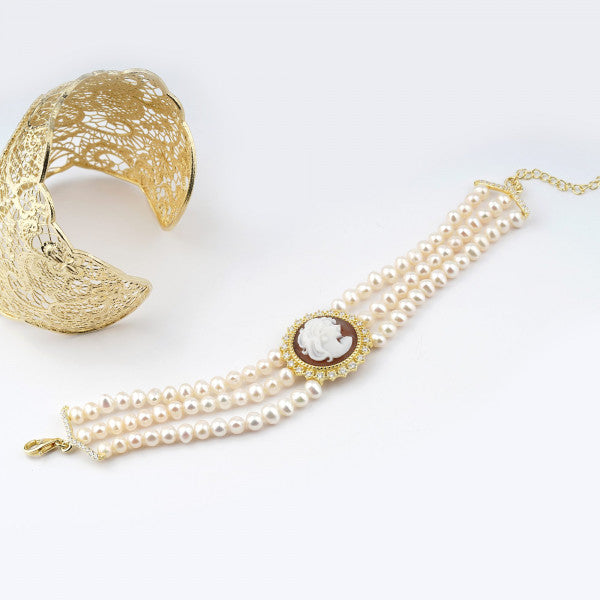 Bracciale Donna Cameo Italiano Argento Dorato Perline Testa Dama B8-G