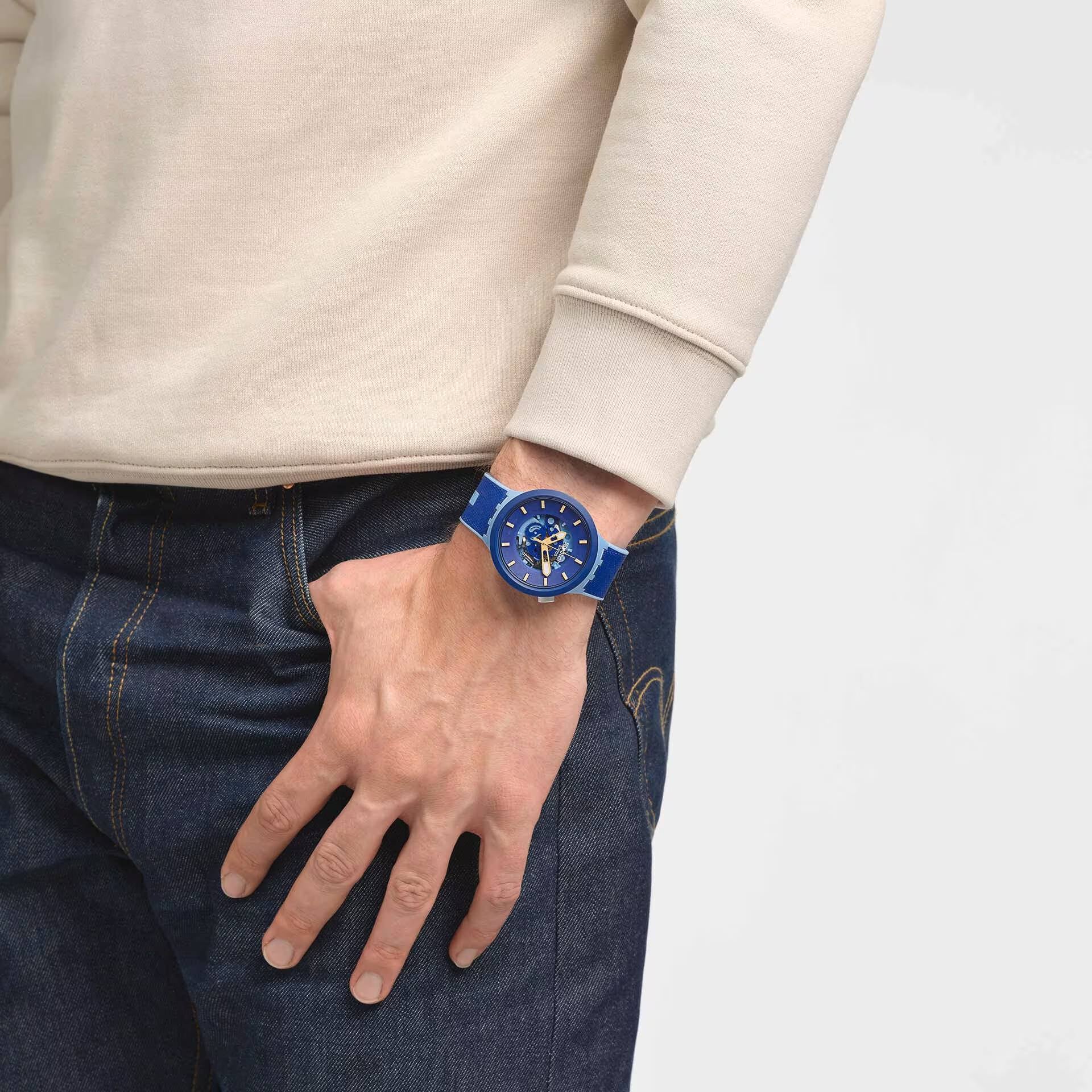 Orologio Uomo Swatch Bioceramic Big Bold Quarzo Solo Tempo Blu Dorato SB05N105