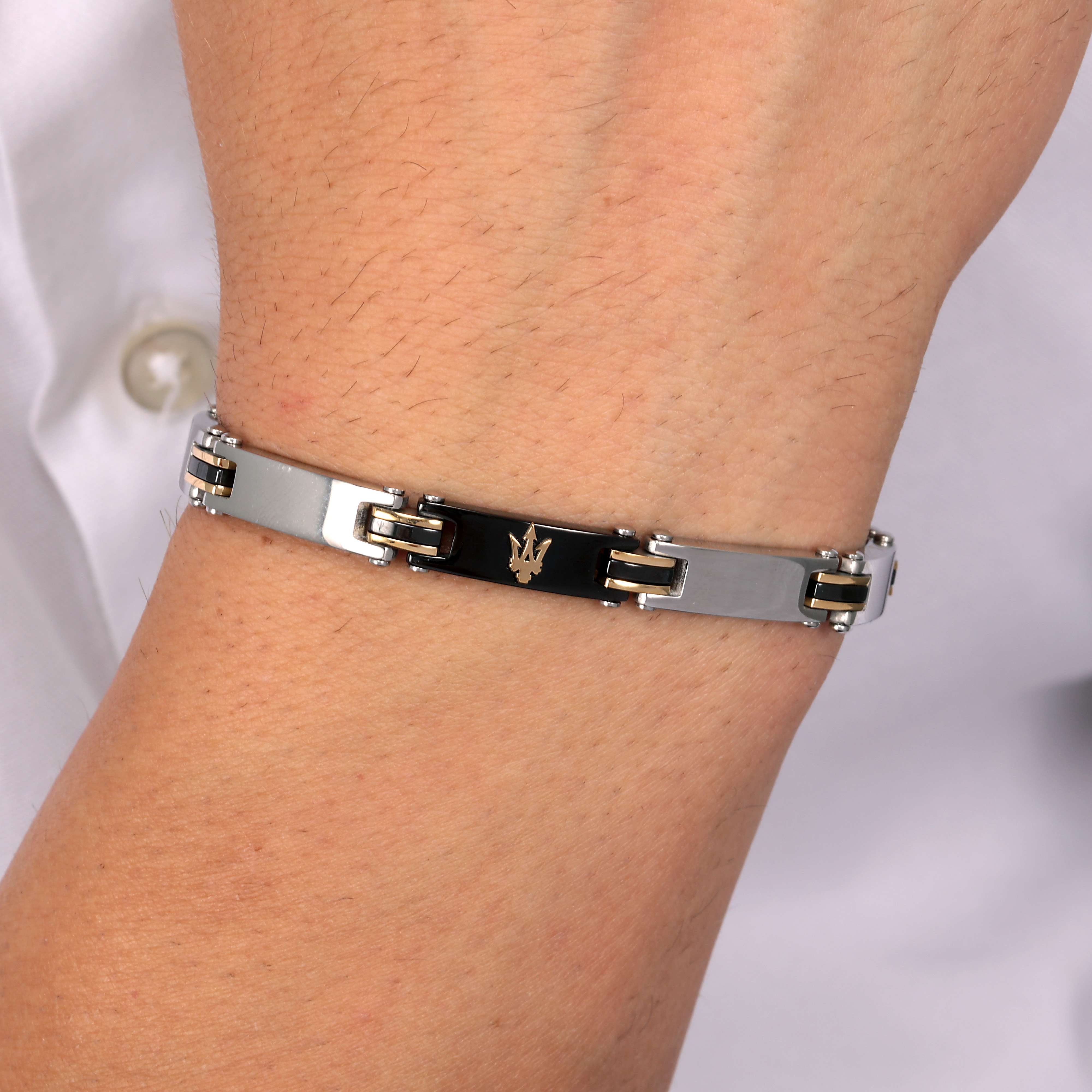 Bracciale Uomo Maserati Acciaio Bicolore Dorato Nero Logo Tridente JM421ATZ10