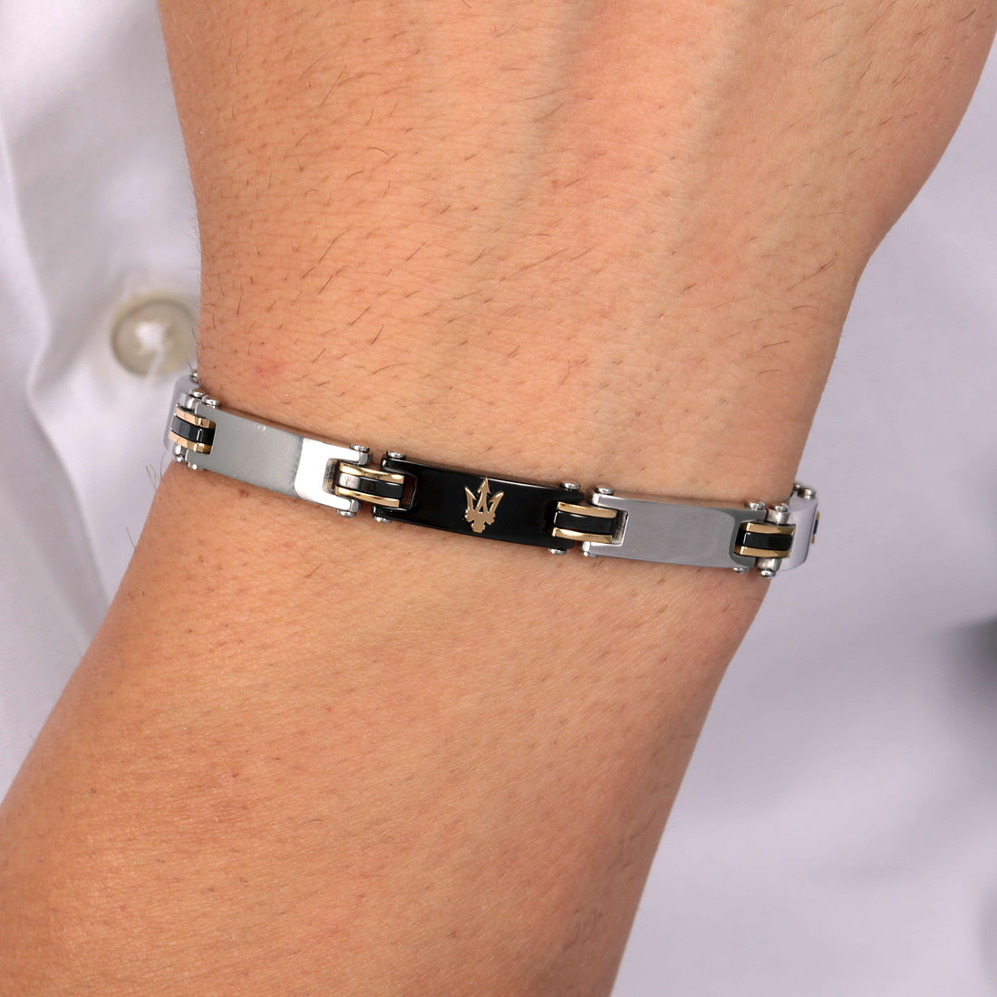 Bracciale Uomo Maserati Acciaio Bicolore Dorato Nero Logo Tridente JM421ATZ10