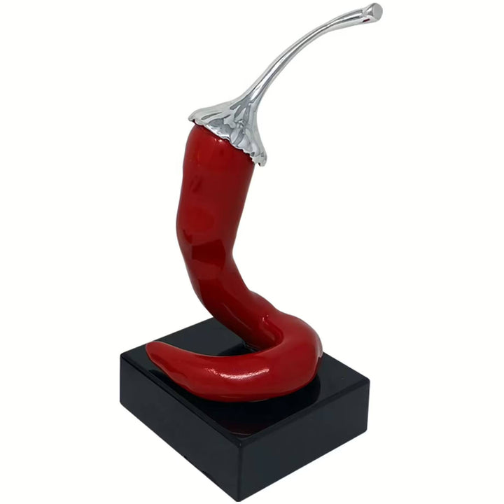 Scultura Peperoncino  Rosso Argento Piccolo 21 cm Base Nera PP0335/1