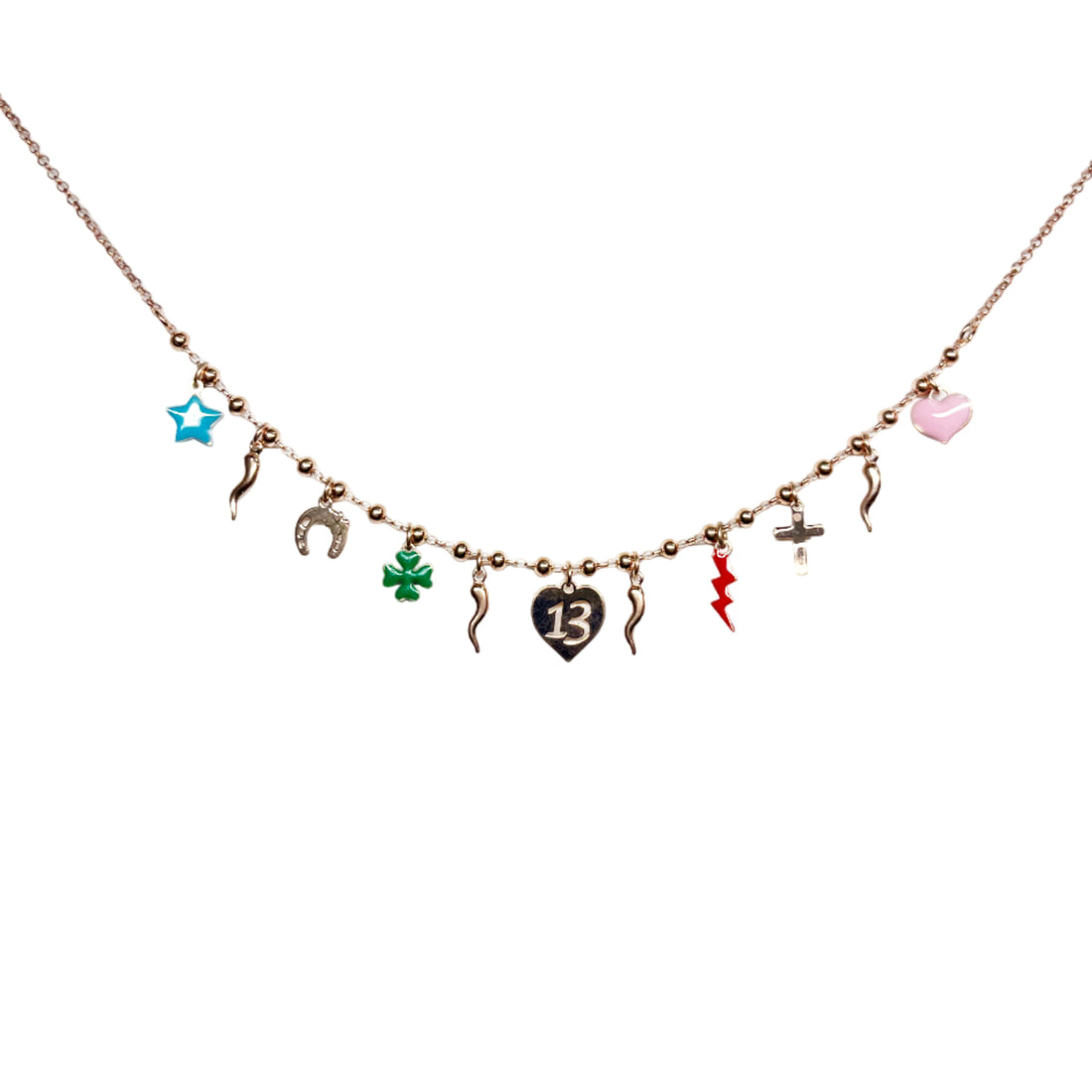 Collana Donna Re Mida Argento Rosè Porta Fortuna Corno Scaramantico Multiciondolo