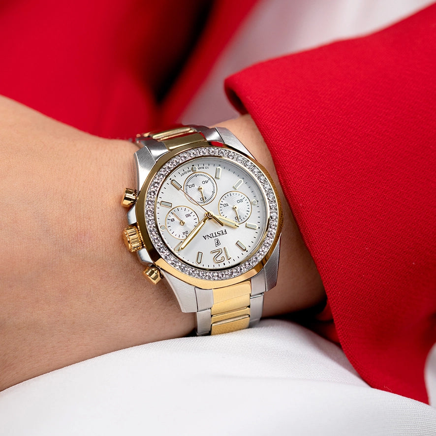 Orologio Donna Festina Cronografo Bicolore Zirconi Bianchi F20607/1
