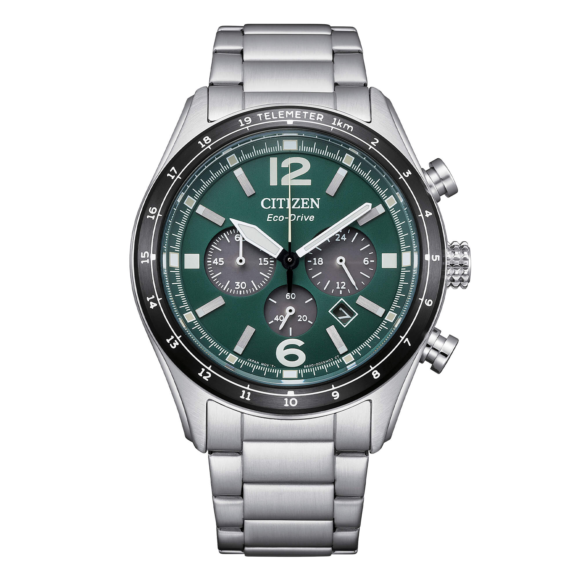 Orologio Uomo Citizen Verde Aviator Eco-Drive Cronografo Acciaio Data CA4654-55X