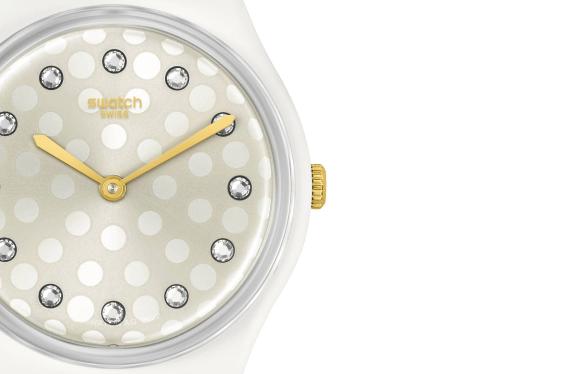 Orologio Donna Swatch Bioceramica Quarzo Solo Tempo Bianco Zirconi Oro SO31W109