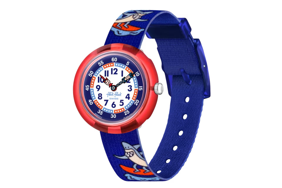 Orologio Bambino Swatch Flik Flak Yeeew Squalo Quarzo Solo Tempo Blu Rosso ZFBNP211