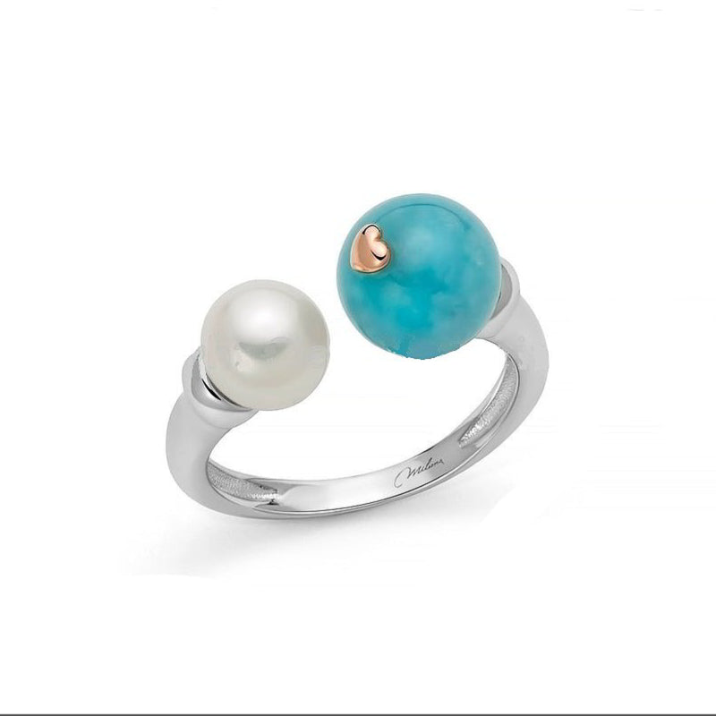 Anello Donna Miluna Argento 925 I Segreti Della Natura Perla Bianca Giada Turchese Cuore Oro 9 Kt Misura 14 PLI1722