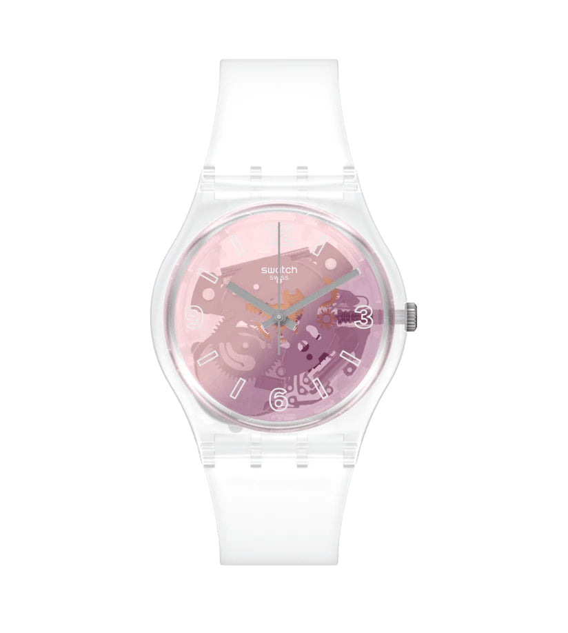 Orologio Donna Swatch Quarzo Solo Tempo Silicone Bianco Rosa Scheletro GE290