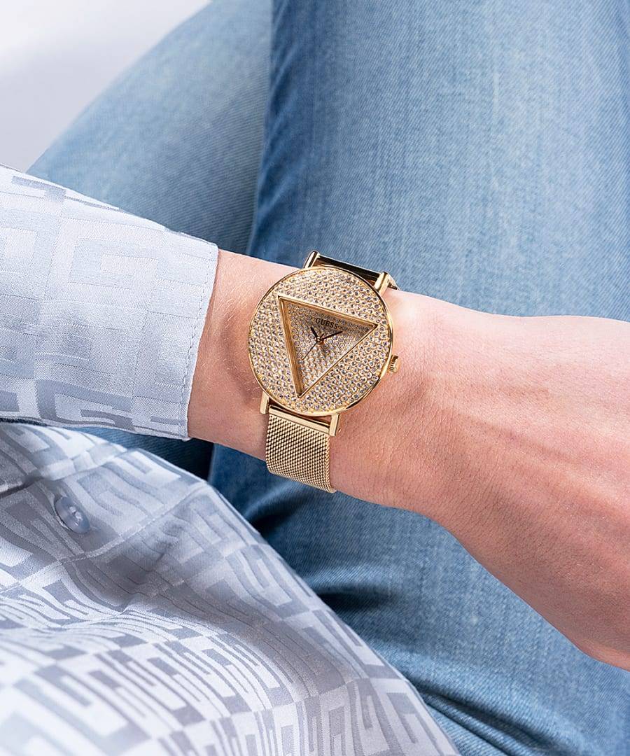 Orologio Donna Guess Quarzo Solo Tempo Zirconi Acciaio Dorato Maglia Milano GW0477L2