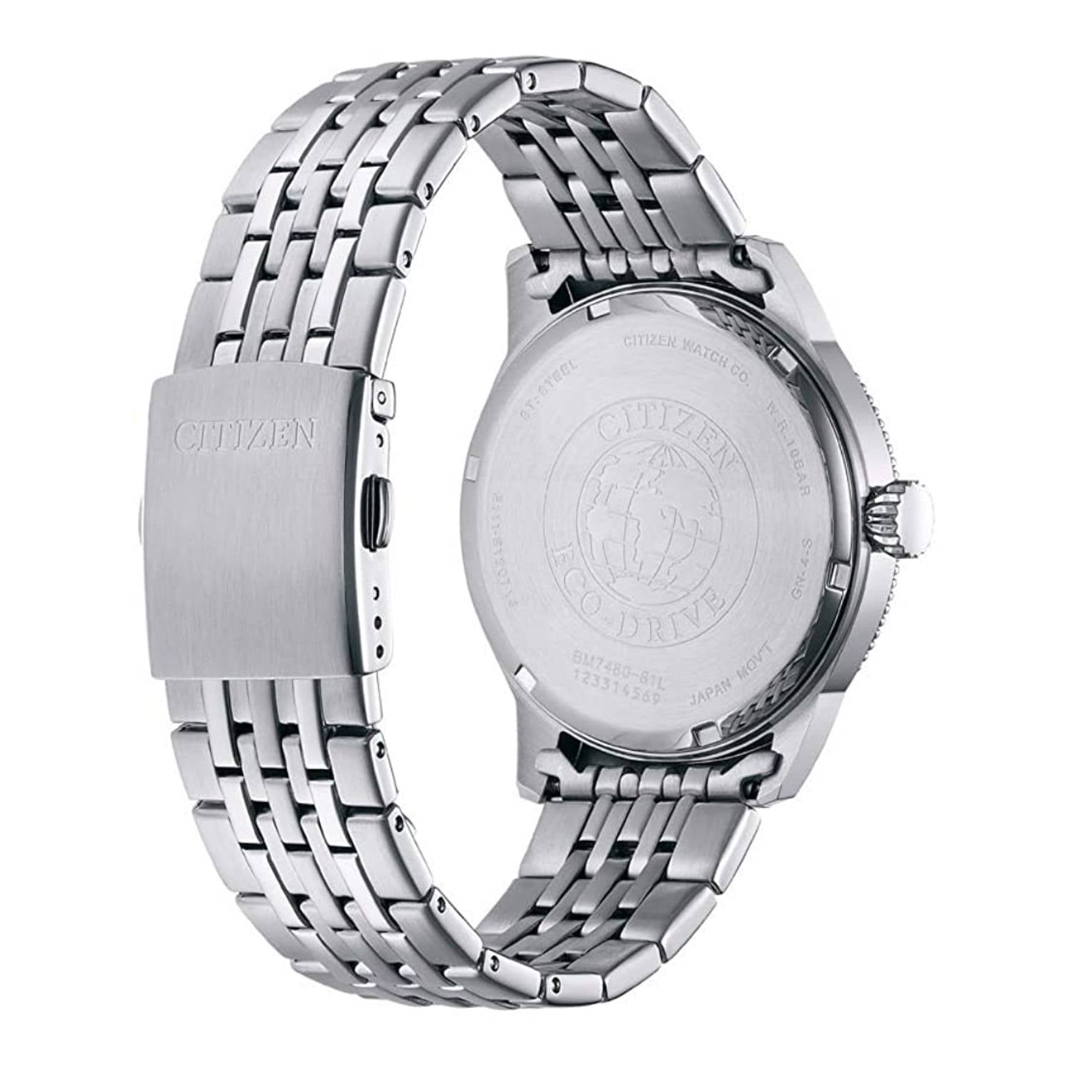 Orologio Uomo Acciaio Citizen Eco Drive Solo Tempo Datario Fondo Nero BM7480-81E