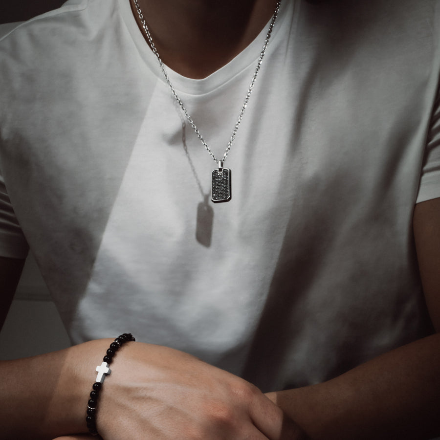 Collana Uomo Liu Jo Acciaio Catena Rolò Targhetta Zirconi Neri MLJ533