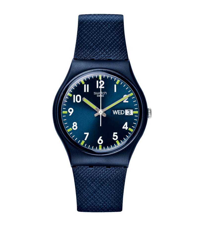 Orologio Uomo Bambino Swatch Quarzo Solo Tempo Doppia Data Numeri Blu SO28N702