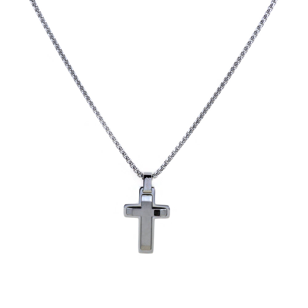 Collana Uomo Zancan Acciaio Croce Pendente con zircone Nero EHC180
