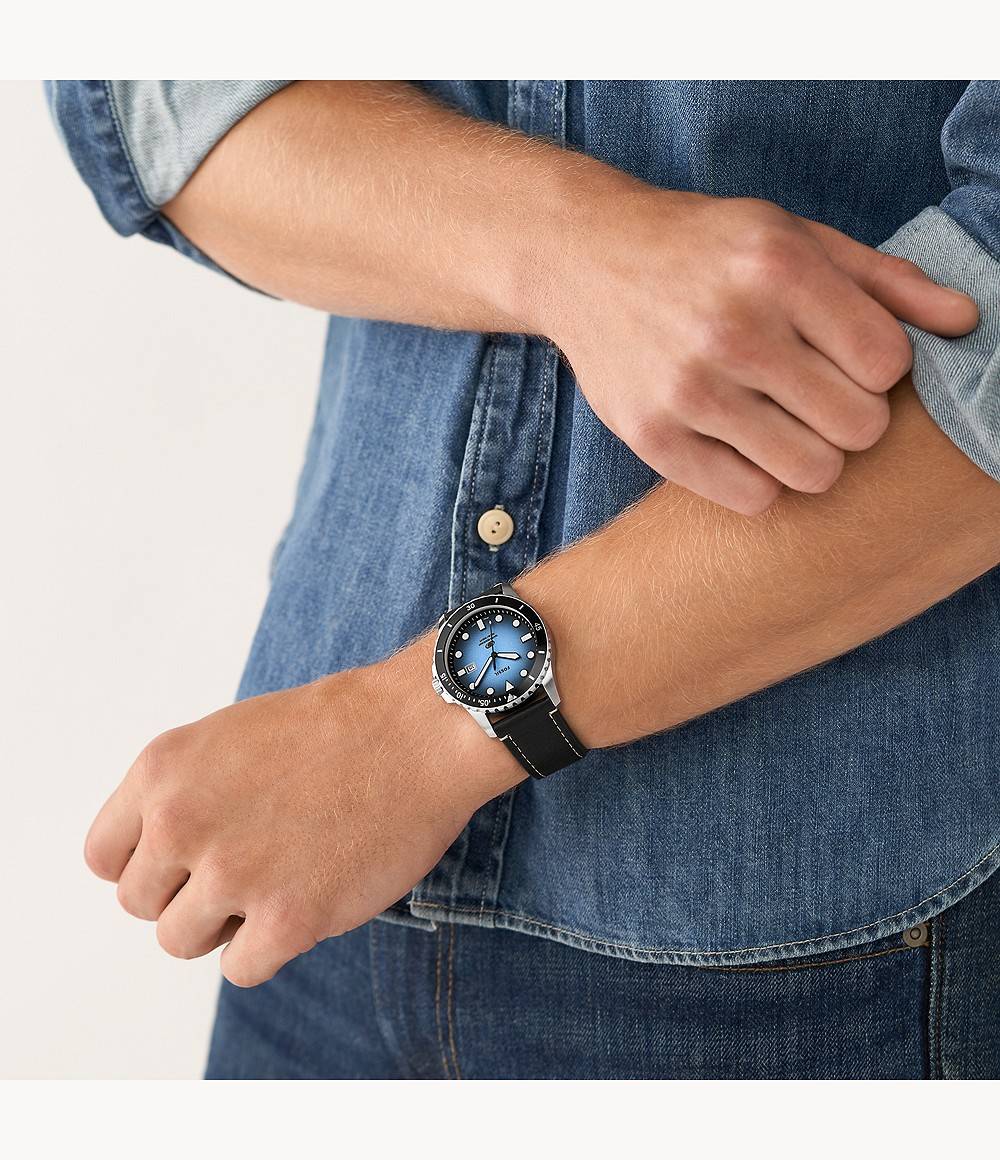 Orologio Uomo Fossil Acciaio Pelle Nero Blu Quarzo Solo Tempo Data FS5960
