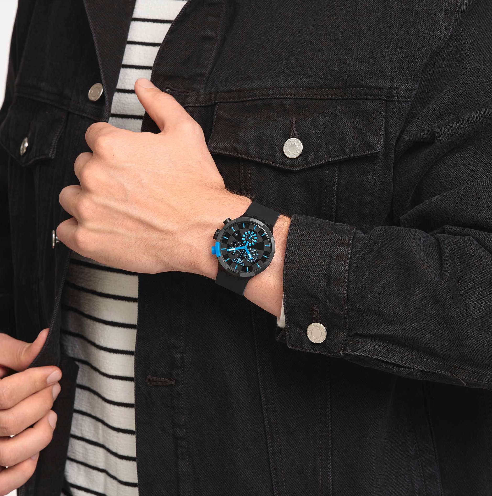 Orologio Uomo Swatch Big Bold Quarzo Cronografo Data Nero Blu Quarzo SB02B401