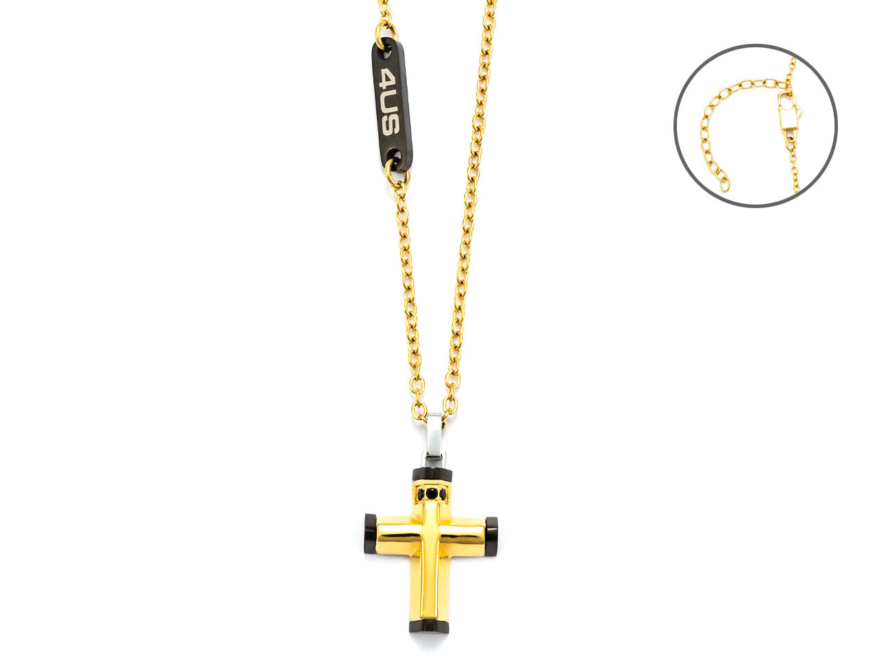 Collana Uomo 4US Cesare Paciotti Acciaio Dorato Targhetta Croce Zirconi 4UCL5585