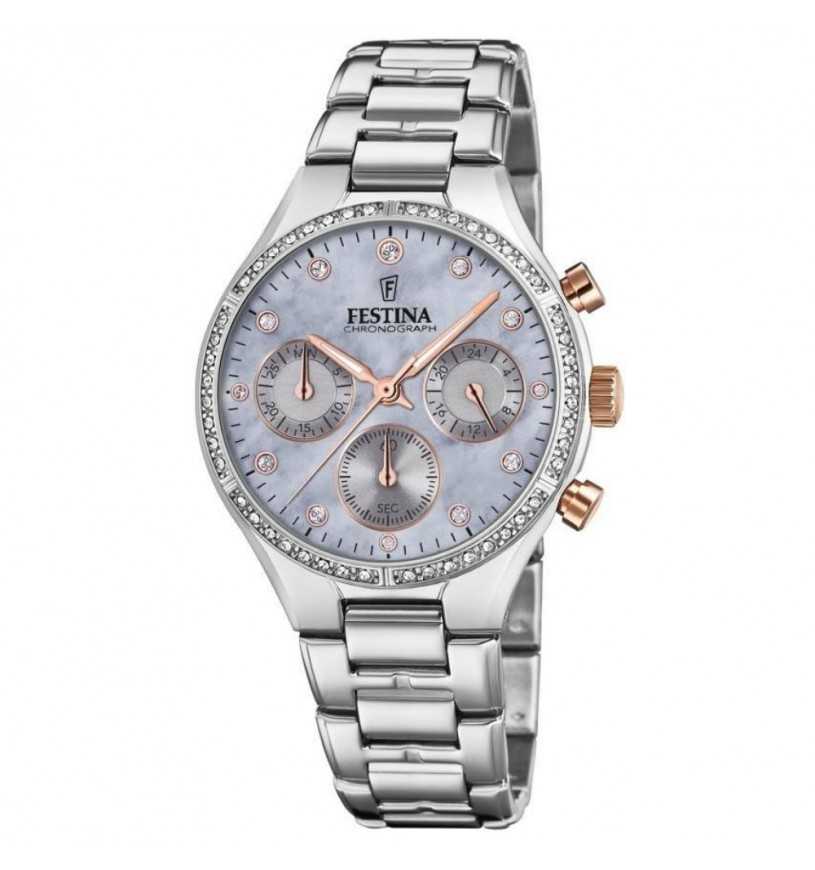 Orologio Donna Festina Quarzo Cronografo Acciaio Zirconi Bianchi F20401/3