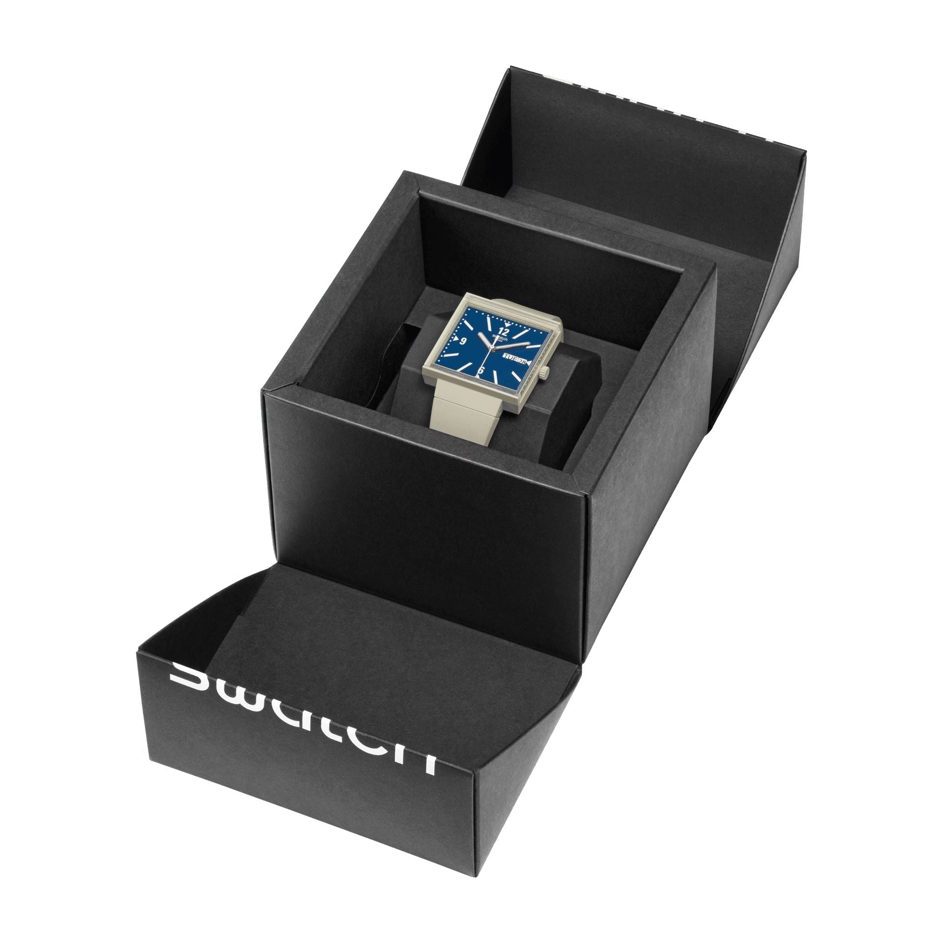 Orologio Unisex Swatch What IF Cassa Quadrata Beige Quarzo Doppia Data Blu SO34T700