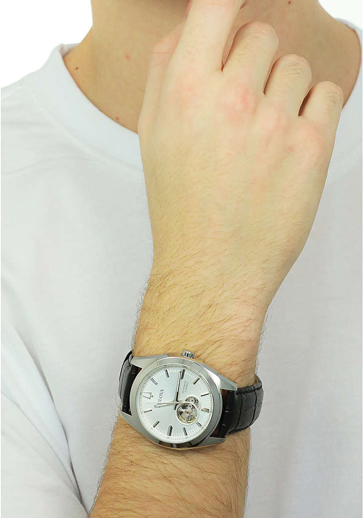 Orologio Uomo Bulova Automatico Surveyor Pelle Nero Acciaio Open Heart 96A272
