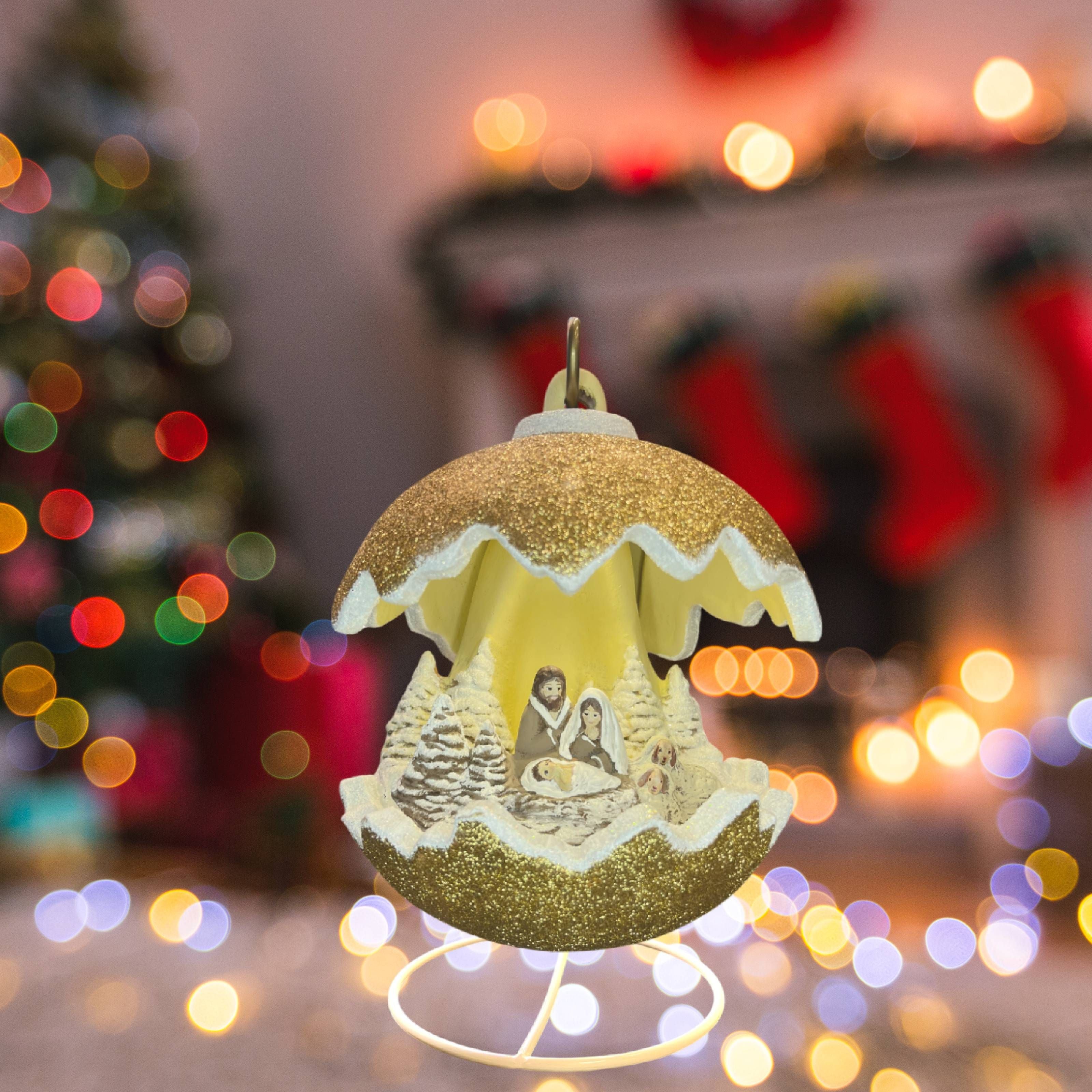 Sfera Di Natale Con Natività Ceramex Led Oro Glitter 5500.33