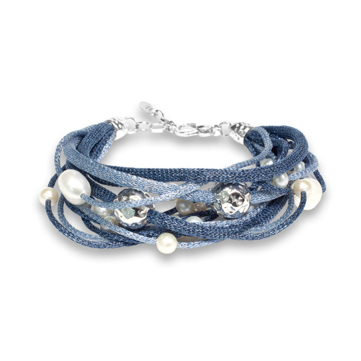 Bracciale Donna Borsari Blu Sfumato Argento 925 Filato Metallico Perle Bianche BR-PIAN07A
