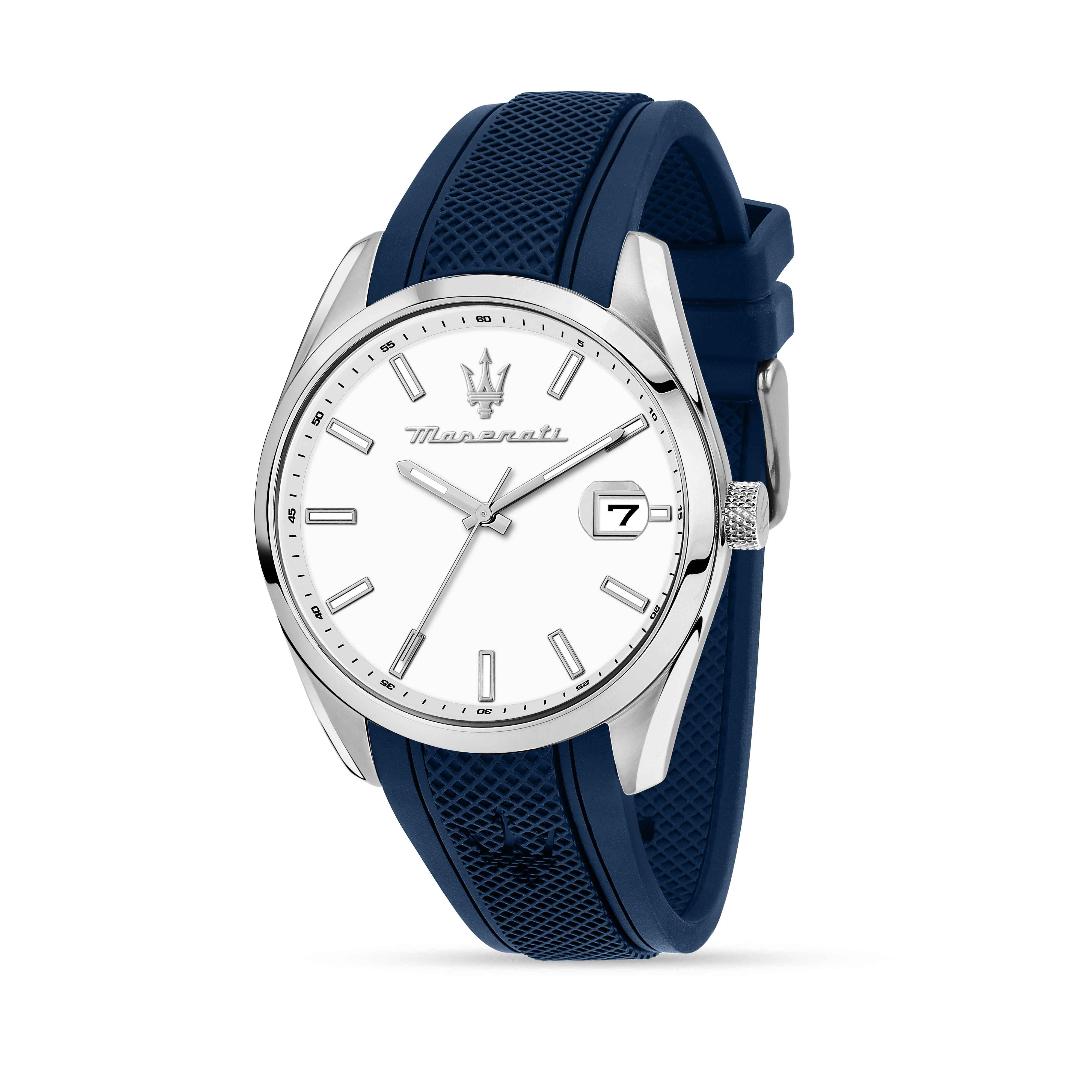 Orologio Uomo Maserati Acciaio Quarzo Solo Tempo Data Bianco Gomma Blu R8851151007