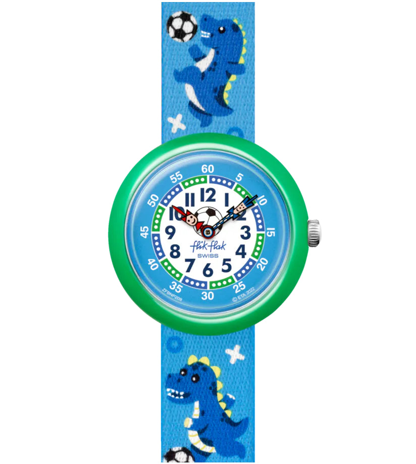 Orologio Bambino Swatch Flik Flak Soccerozaurus Quarzo Solo Tempo Azzurro ZFBNP209