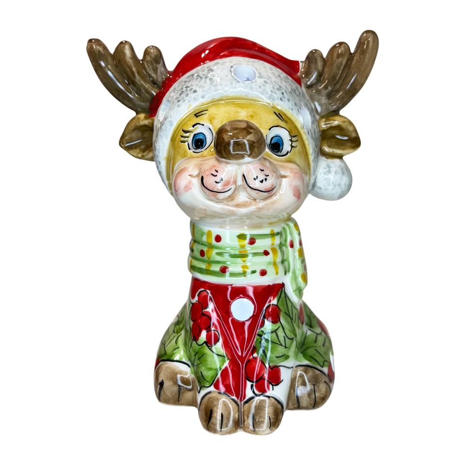 Renna Grande Capodimonte Led Maglione Rosso Sciarpa Verde 19cm CAP40