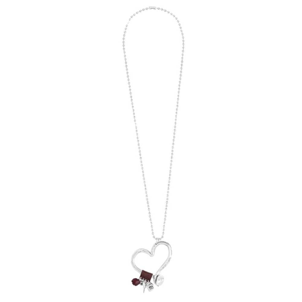 Collana Donna Uno de 50 Metallo Zama Colore Argento Cuore Pallini Lavorata Cuoio