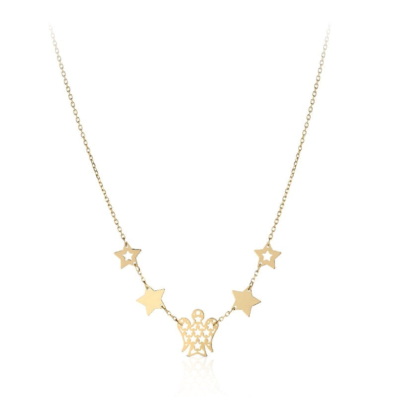 Collana Donna Oro 9 ck con Angelo charm traforato e Stelle ai lati.