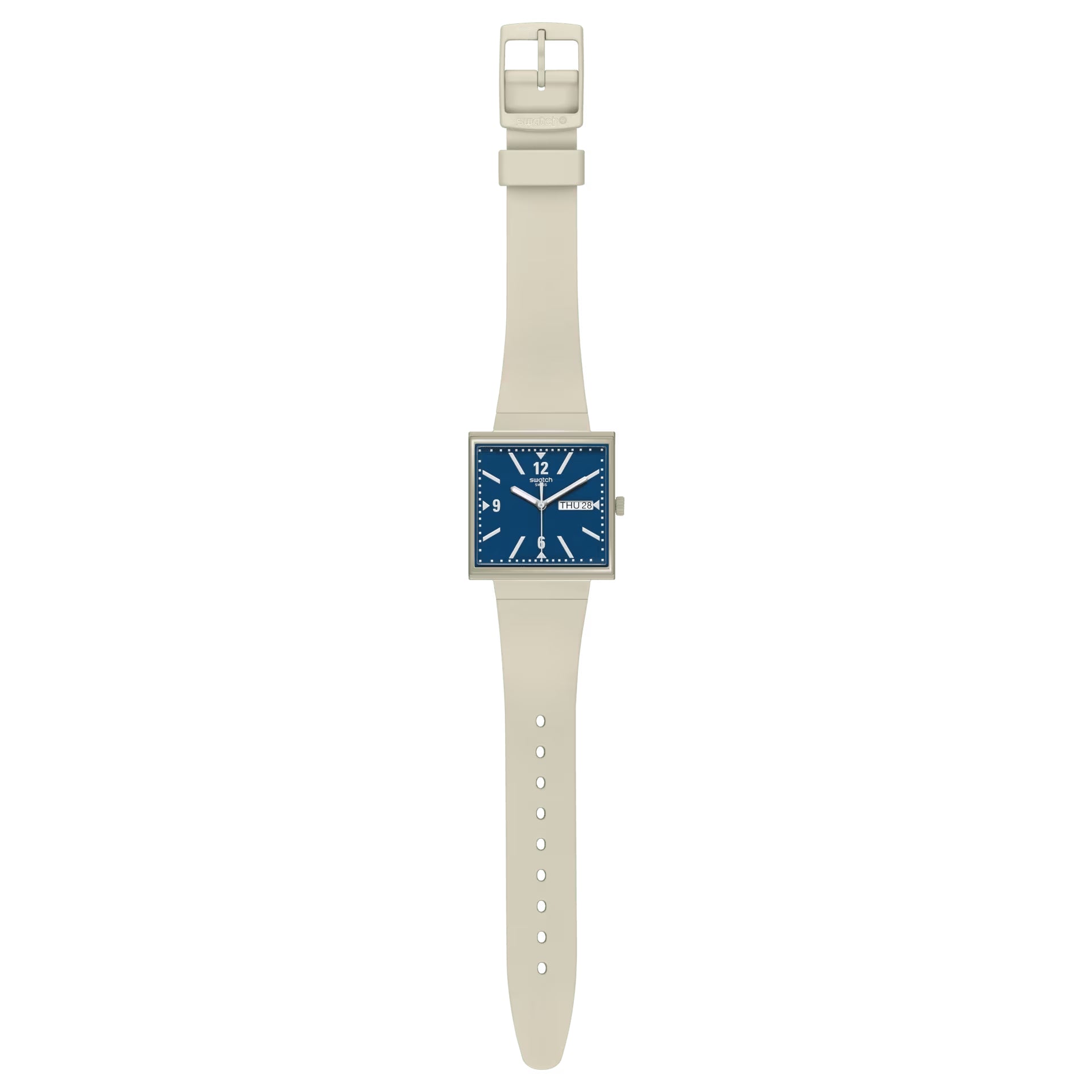 Orologio Unisex Swatch What IF Cassa Quadrata Beige Quarzo Doppia Data Blu SO34T700