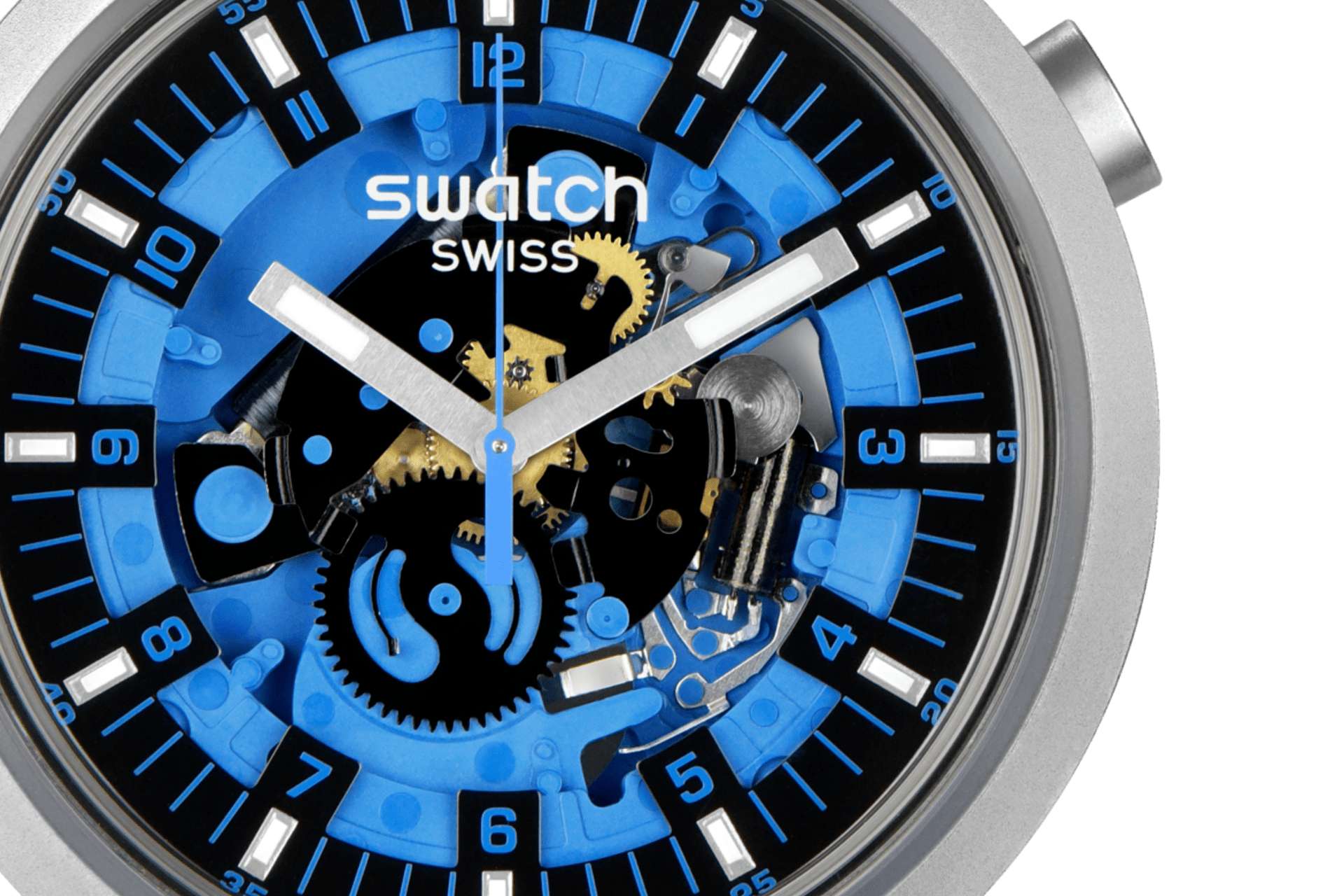Orologio Unisex Swatch Acciaio Big Bold Azure Blue Daze Gomma Scheletrato SB07S106