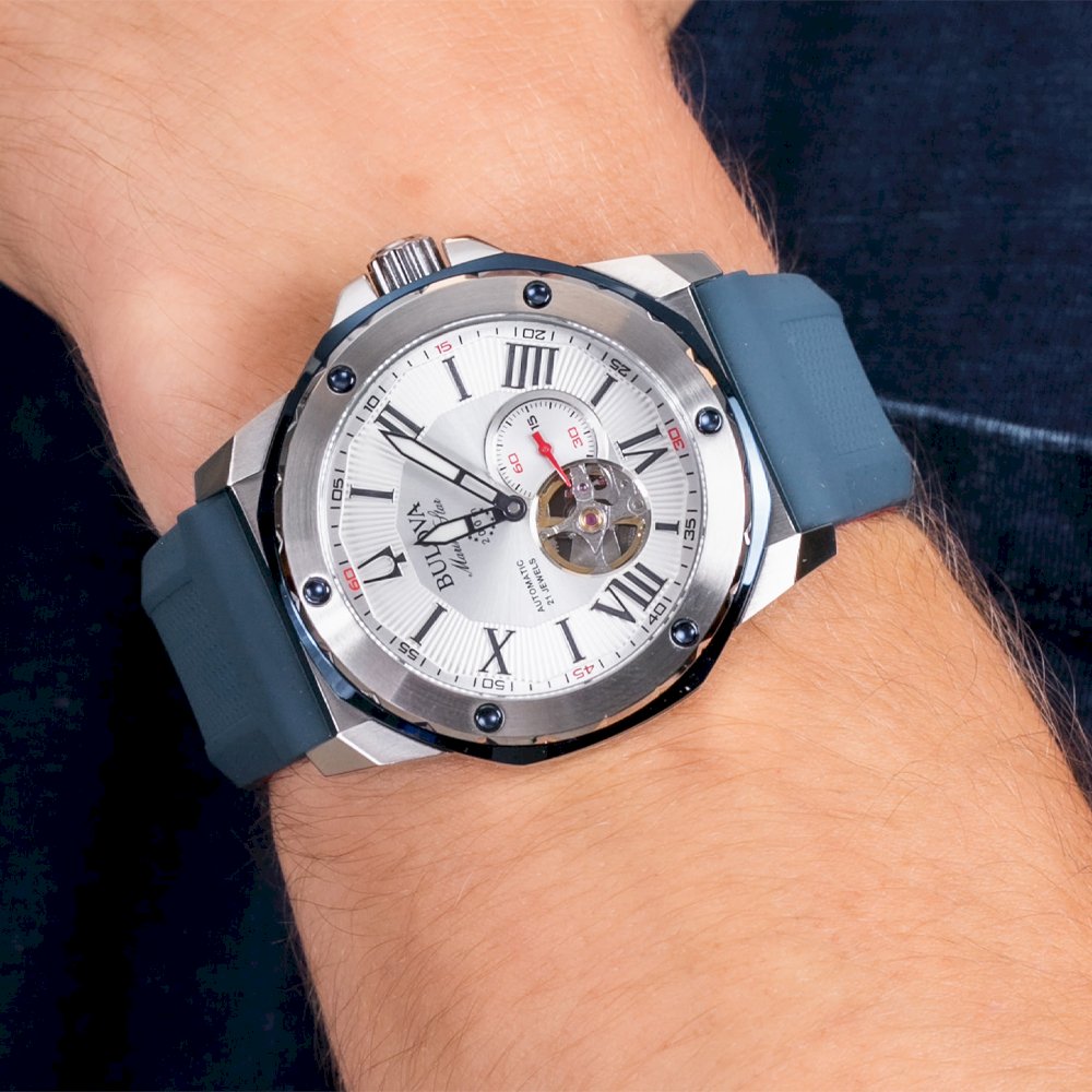 Orologio Uomo Bulova Automatico Marine Star Acciaio Gomma Open Heart Blu 98A225