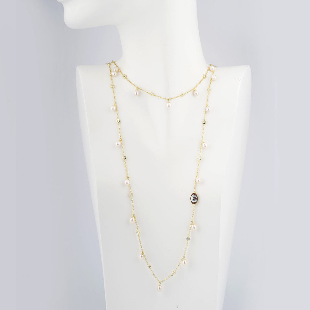 Collana Donna Cameo Italiano Argento Dorato 925 Fiore Cammeo Perle Zirconi C4-G