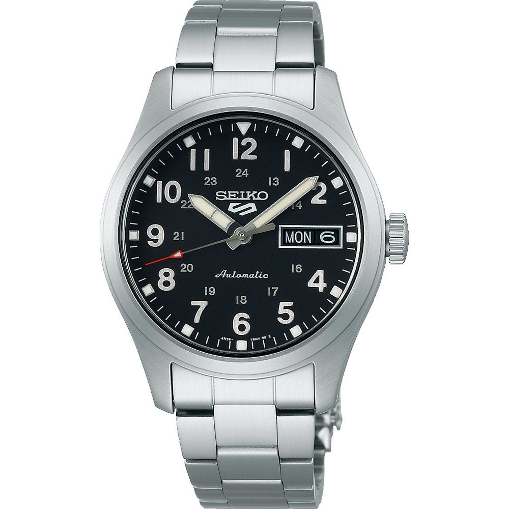 Orologio Uomo Seiko 5 Automatico Doppia Data Acciaio Quadrante Nero SRPJ81K1